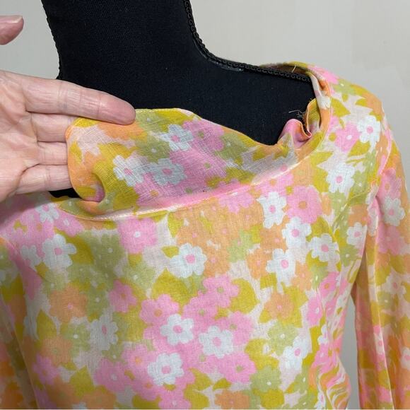 Vintage60s Mod Flower Child Long Sleeve Pleated Mini Dress Rare Size 6/8 - Picture 6 of 12